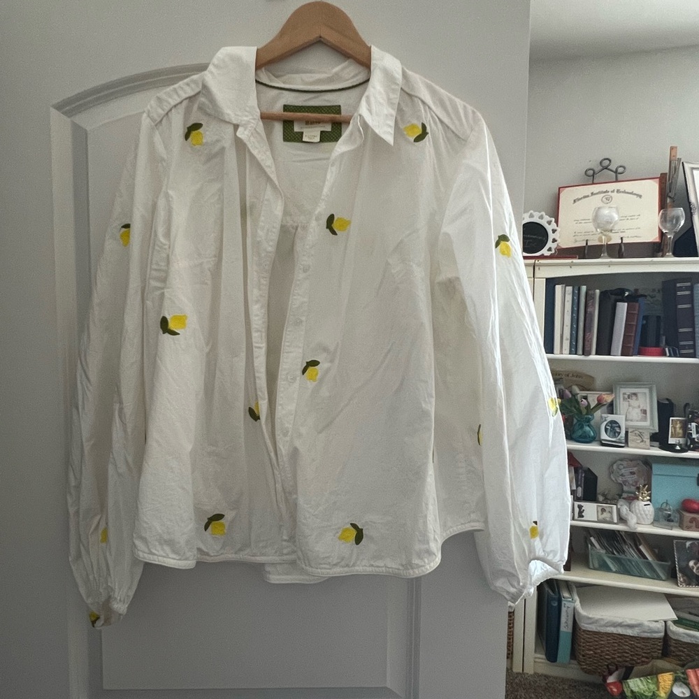 Maeve by Anthropologie White Blouse with embroidered lemons
